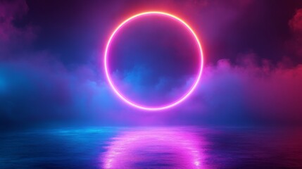 Aufkleber - Vibrant neon circle reflecting on tranquil water under a dramatic sky at twilight