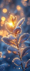 Poster - Dew-covered leaves glistening in the morning sun create a magical atmosphere in a winter landscape