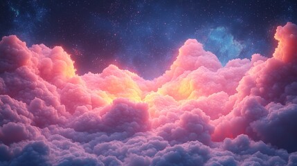 Poster - Beautiful pink and purple clouds illuminated by soft light in a starry night sky over a serene landscape