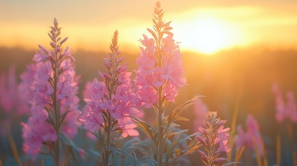 Sticker - Blooming pink flowers at golden hour sunset creating serene landscape