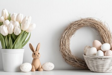 Wall Mural - A Delightfully Charming Easter Celebration Scene Filled with Beautiful Tulips, Various Decorative Eggs, and a Cute Wooden Bunny, Perfectly Capturing the Spirit of Renewal and Springtime