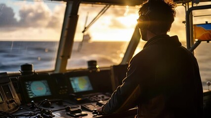 Aufkleber - Golden sunlight bathing maritime bridge while ship captain navigating vessel, professional hands guiding control panel with navigation screens displaying critical maritime journey data