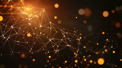 Leinwandbilder - Abstract plexus network background. Golden glowing lines and particles on dark backdrop.