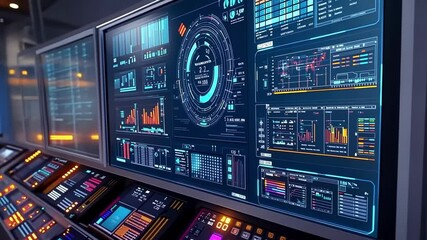 Wall Mural - Complex data analysis is displayed on a futuristic control room monitoring system, showcasing advanced technology and real time information processing capabilities