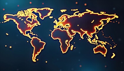 Aufkleber - Global map illustration shows world connectivity. Network, data transfer visualized by neon-style outlines. Cyber tech, international business connections central themes. Telecommunication, info