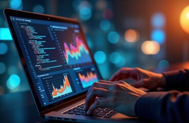 Fototapete - Person working on laptop. Screen shows multiple charts, data. Hands typing on keyboard. Analysis of business data. Modern tech. Data analytics concept. Virtual dashboard. Advanced algorithms.