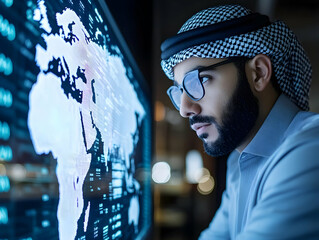 Wall Mural - Focused businessman in traditional attire analyzing a digital world map on a large screen.