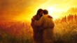 © Thuyet - Jesus embracing the blind man as he weeps tears of joy, a glowing golden aura surrounding them, soft-focus crowd in the background,