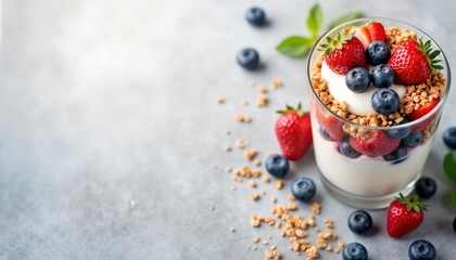 Wall Mural - Healthy breakfast parfait. Layers of Greek yogurt granola and fresh berries. Top view of a delicious and nutritious meal. Perfect for a quick and healthy breakfast or snack.