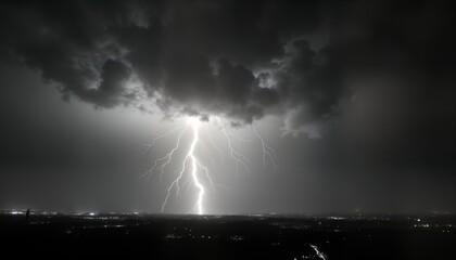 Wall Mural - powerful lightning strike illuminates dark stormy sky over city at night. dramatic weather event. in