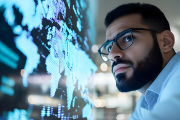 Wall Mural - Focused businessman analyzing global data on a large interactive screen.