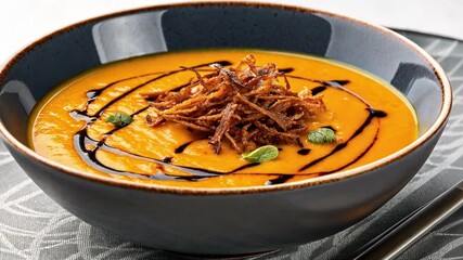 Wall Mural - Smooth and creamy carrot soup is presented in a sleek, modern bowl, garnished with a generous topping of crispy fried onions and fresh herbs, creating an appetizing culinary scene