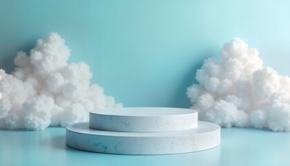 Aufkleber - Empty white pedestal stands against light blue backdrop with fluffy white clouds. Minimalist design features circular stage. Studio scene shows product display platform. Cloud-like shapes provide