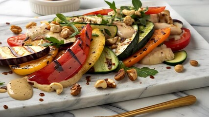 Wall Mural - Grilled vegetable medley with vibrant zucchini, eggplant, bell peppers, tomatoes, and squash, garnished with tahini dressing, chopped nuts, and fresh herbs on marble serving board