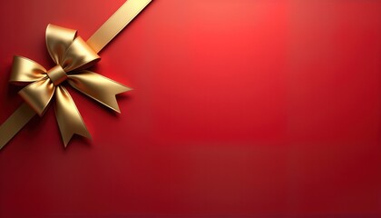 Wall Mural - Golden bow on red background. Festive design for gift present. Decorative ribbon tied in ornate knot. Ideal for anniversary birthday holiday celebration. Beautiful, elegant decoration. Gift box ready