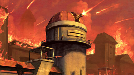 A watchtower with a cannon in a steampunk setting shoots against the backdrop of a burning fort. 2d illustration. 16:9