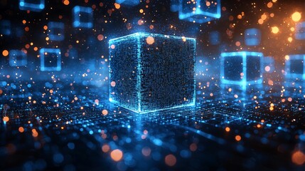 Poster - a vibrant, tech-themed wallpaper featuring a 3d render of a blue, futuristic block background.