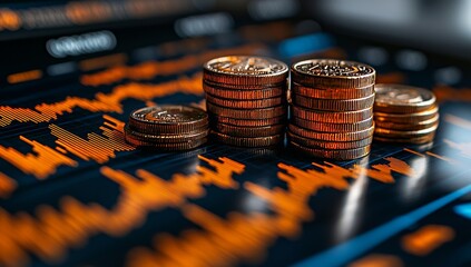 Poster - An image showing overlapping coin stacks on a technology-based financial graph, symbolizing business trends, financial downturns, and the digital cryptocurrency market.