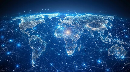 Poster - a 3d rendering showing the idea of globalization and communication, featuring the earth and bright r