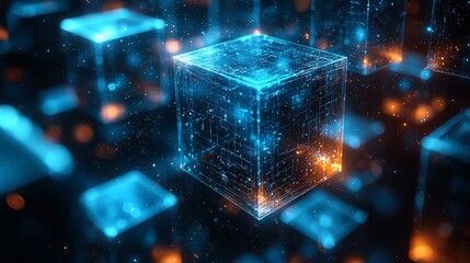 Poster - A blue, futuristic tech background featuring cubes, resembling a high-tech city.