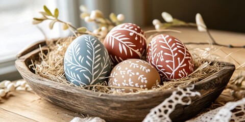 Wall Mural - A rustic wooden bowl filled with intricately decorated Easter eggs in pastel shades of blue, brown, and red, surrounded by straw and vibrant foliage, creates a delightful springtime display