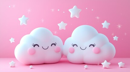 Poster - Cheerful fluffy clouds with friendly smiles surrounded by sparkling stars in a playful pink setting during daytime