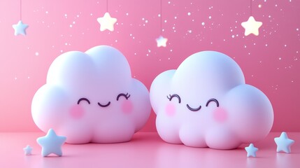 Poster - Adorable smiling clouds rest peacefully on a soft pink background, surrounded by twinkling stars and dreamy ambiance