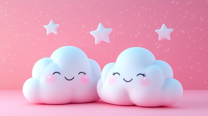 Aufkleber - Joyful pastel clouds sharing a delightful moment under shimmering stars in a dreamy pink atmosphere