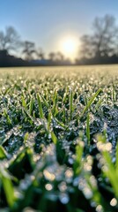 Poster - Dewy grass blades shimmer in the morning light at a serene outdoor location