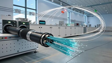 Poster - Fiber optic cables emerge from a sophisticated device in a pristine laboratory environment, symbolizing advanced telecommunications and quantum computing research