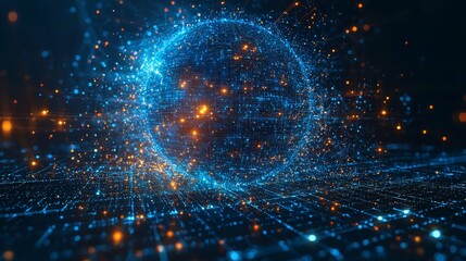 Poster - The futuristic blockchain technology HUD background showcases a globe and a blockchain polygon peer-to-peer network, representing a global cryptocurrency fintech business banner concept.