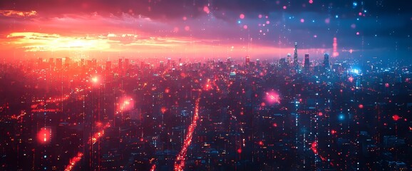 A futuristic cityscape featuring bright digital lines against a blue backdrop.