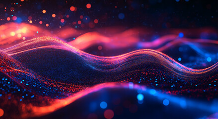 Poster - 3D rendering of an abstract black background with flowing waves of particles and dots, embodying a futuristic digital technology concept
