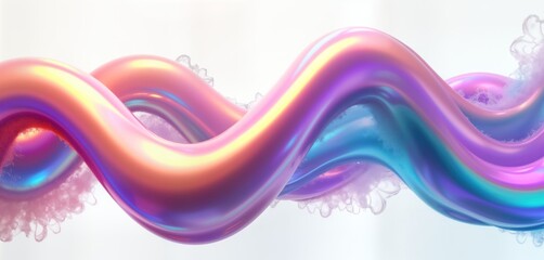 Poster - Abstract iridescent wave shape in 3D render. Multicolored flowing liquid-like lines create dynamic pattern. Holographic effect with gradient colors. Futuristic tech style. Trendy design element.