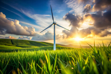 A wind turbine in green landscape at sunset 