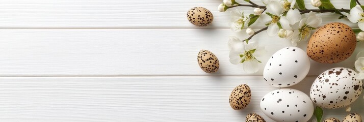 Wall Mural - Easter Celebration A Beautiful Display of Colorful Eggs and Blossoming Flowers Arranged on a White Wooden Background, Creating a Stunning Visual for this Joyous Holiday Gathering