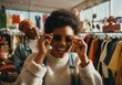 © Sandor - Young woman trying on sunglasses and having fun while shopping with a friend in a vintage clothing store