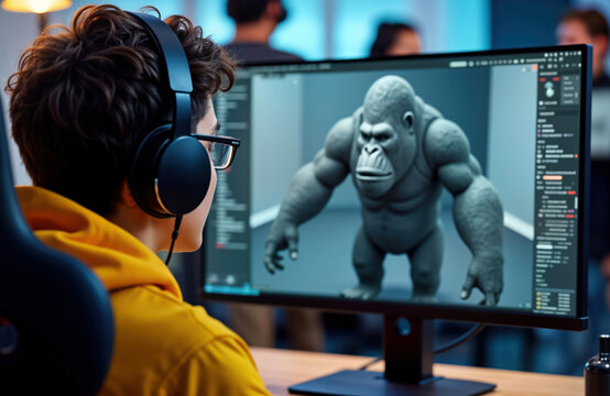 Focused teen game designer works on 3D gorilla model. Creative professional uses tech tools in studio. Man looks intensely at computer screen. Creating virtual character. Studio setting. Gaming