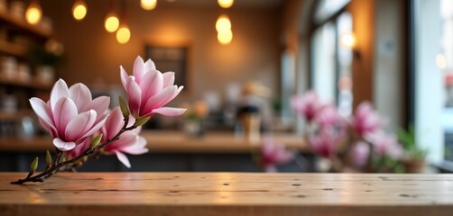 Aufkleber - Empty wooden table with spring magnolia flowers in front. Blurred background of cafe bar. Perfect for product display banner promotion. Spring flowers create beautiful scene. Light, warm ambiance.