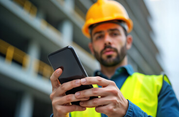 engineer in construction site uses smartphone. male worker looks at phone screen. modern building in