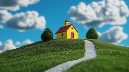 Aufkleber - Miniature yellow chapel with bushes and path 3d rendering image. Manicured grassy hill with church, fluffy clouds background wallpaper colorful realistic. Countryside concept idea