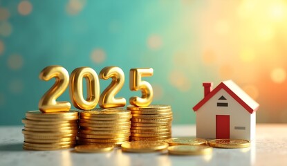 Calendar happy new year 2025 with stack of coins and home model. New year resolution, finance plan for Budget, tax, investment, financial, accounting, and savings. growth and wealth concept Submitted