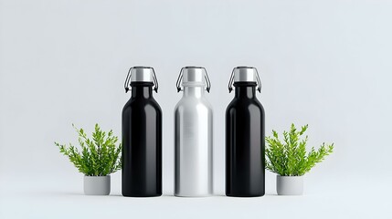 Poster - Modern minimalist design, featuring a trio of sleek white, silver, and black empty containers, ideal for showcasing branding or product concepts.