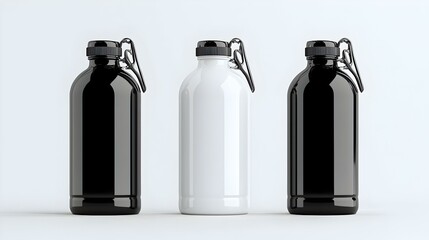 Poster - Modern minimalist display featuring sleek white, silver, and black 3D objects arranged harmoniously, perfect for showcasing products or concepts.
