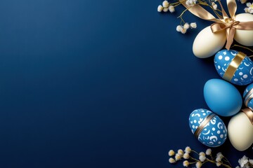 Wall Mural - A Vibrant and Artistic Display of Beautifully Decorated Easter Eggs and Colorful Floral Accents Set Against a Deep Blue Background, Perfect for Celebrating This Joyful Holiday Season