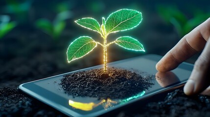 Poster - Smart farming management showcasing digital technology, innovative agricultural practices, efficient crop monitoring, sustainable resource use.