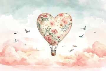 Heart-shaped hot air balloon floats elegantly among colorful clo