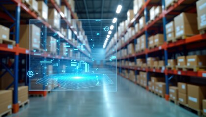 Fototapete - Augmented reality tech for warehouse management. Smart system shows package locations. Future logistics concept. Warehouse with shelves full of packages. Digital overlay on tablet screen. AI