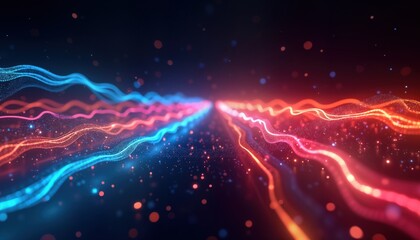 Fototapete - Abstract glowing lines create dynamic visual representation of high-speed data transmission. Optical fiber technology powers fast data transfer in today digital age. Colorful lines evoke digital
