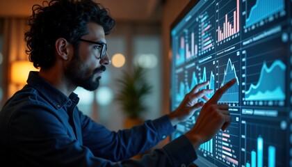 Poster - man examines digital dashboard showing various charts, graphs. analyzes key performance indicators k